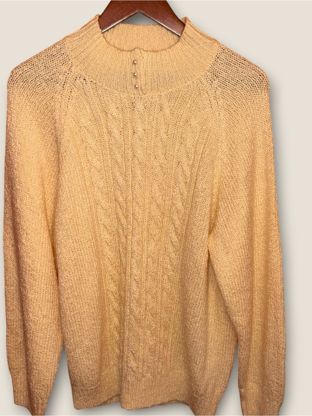 Cottagecore Cable-Knit Pearl Button Mock Neck Karen Scott Butter Yellow Sweater